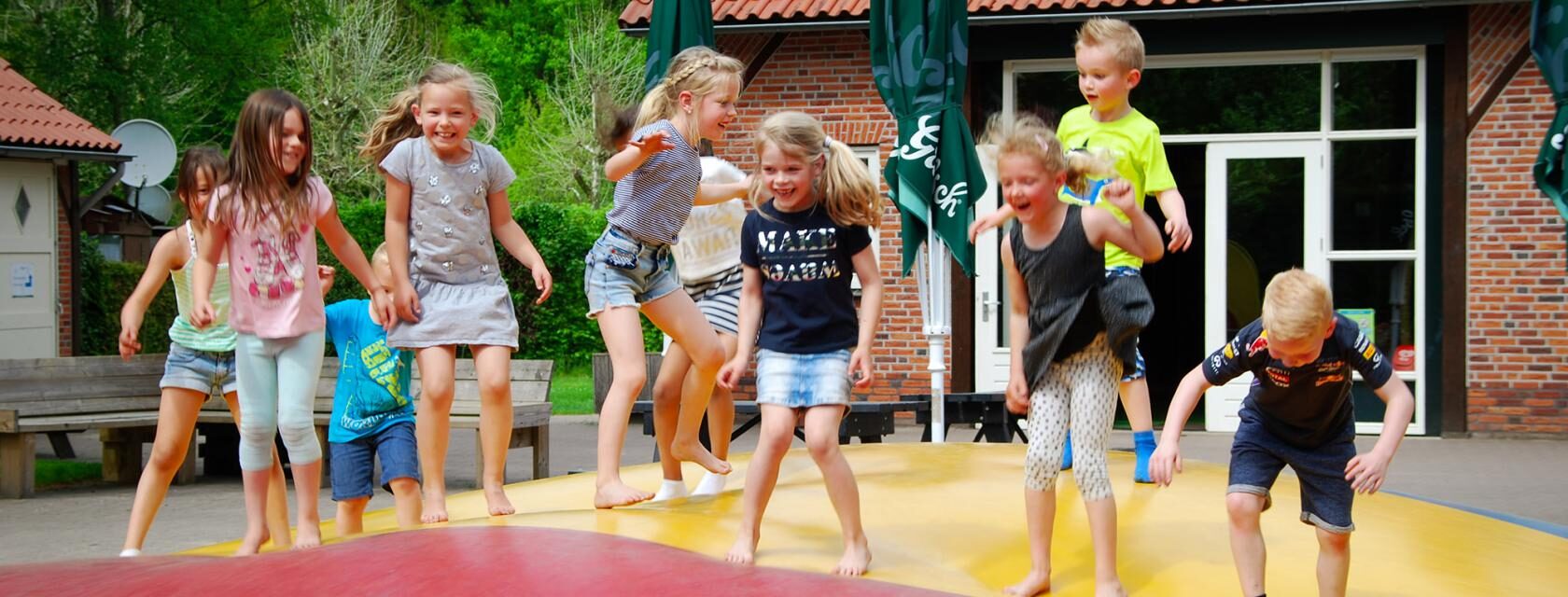 kinderen hebben plezier terwijl ze springen op het springkussen